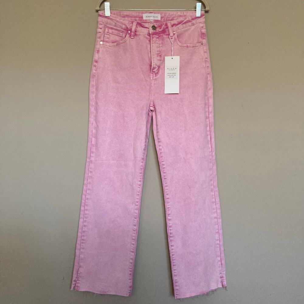 Risen Tyla Nadine High Rise Raw Hem Straight Leg Jeans in Acid Pink Size 11 / 30